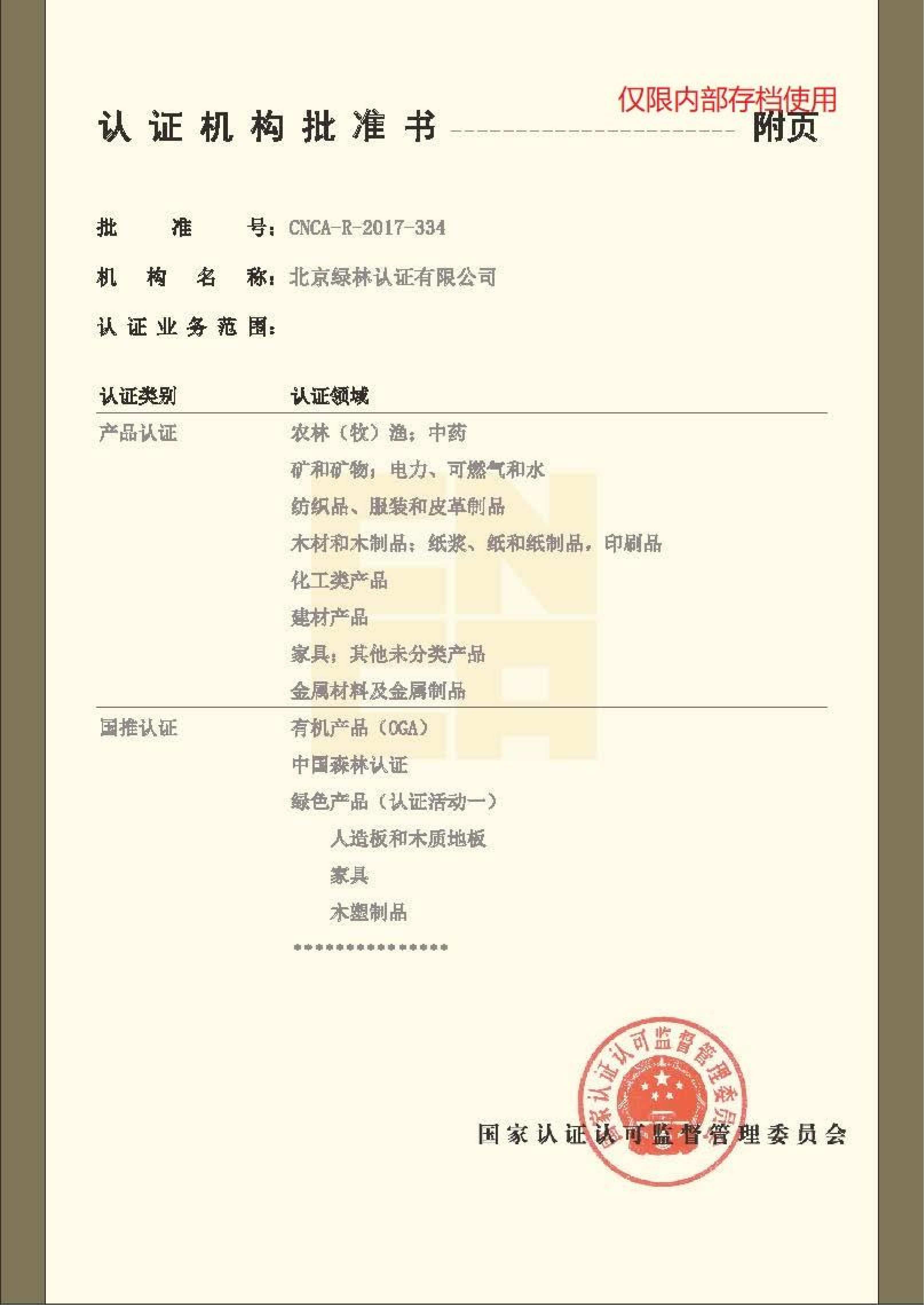 认证机构批准书 附页(一)
